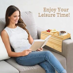 Bamboo Couch Armrest Tray w/Cup Snack, Phone, Remote Holder Detachable-2 in 1